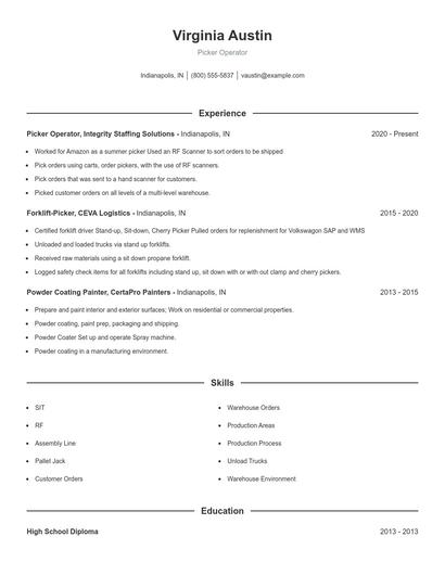 Picker Operator Resume