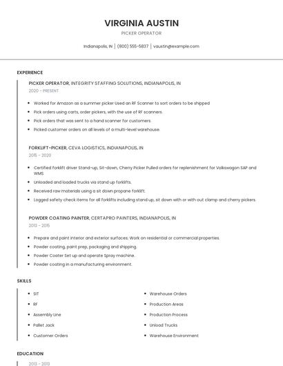 Picker Operator Resume