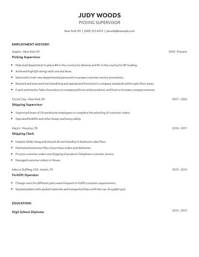 Picking Supervisor Resume