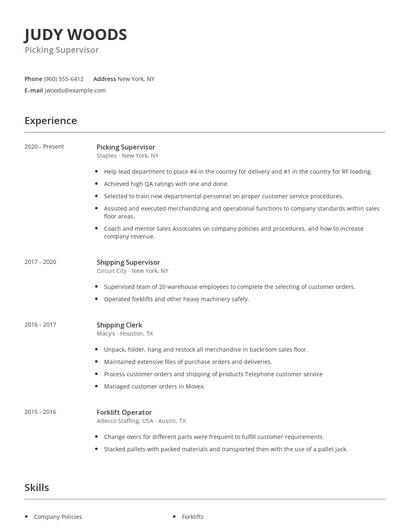 Picking Supervisor Resume