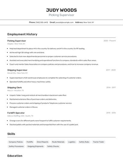 Picking Supervisor Resume