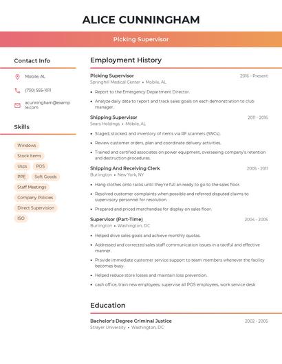 Picking Supervisor Resume