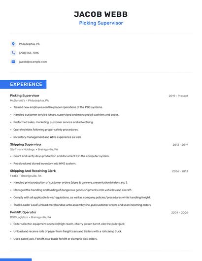 Picking Supervisor Resume