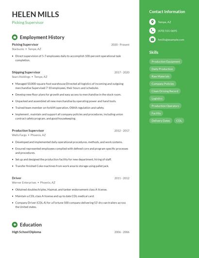 Picking Supervisor Resume
