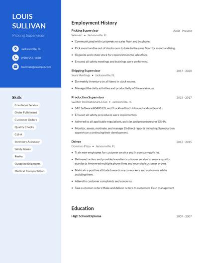 Picking Supervisor Resume