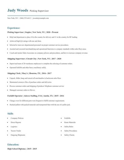 Picking Supervisor Resume