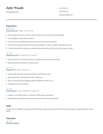 Picking Supervisor Resume