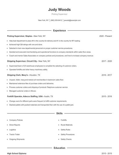 Picking Supervisor Resume