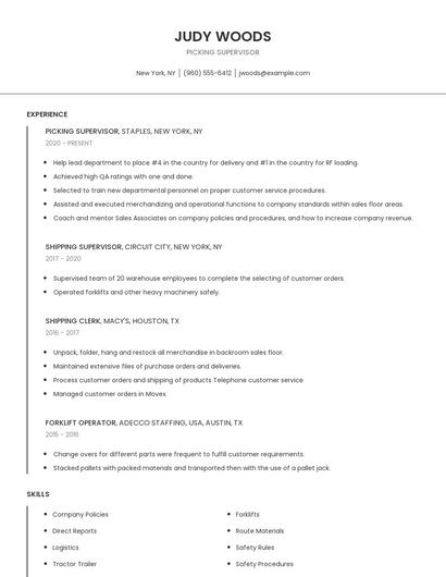 Picking Supervisor Resume