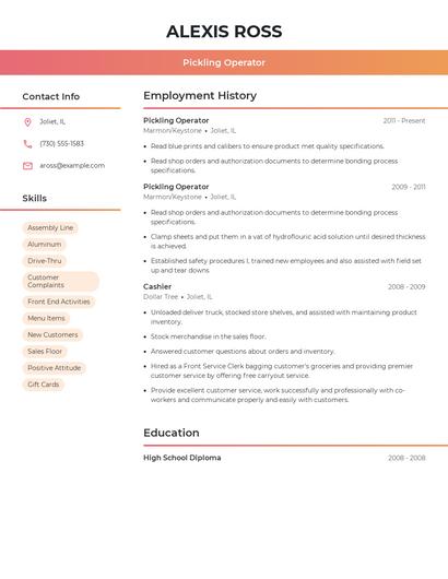 Pickling Operator Resume