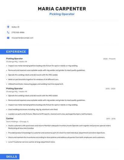 Pickling Operator Resume