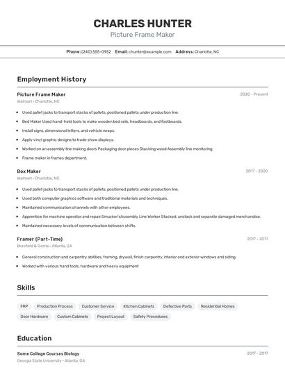 Picture Frame Maker Resume