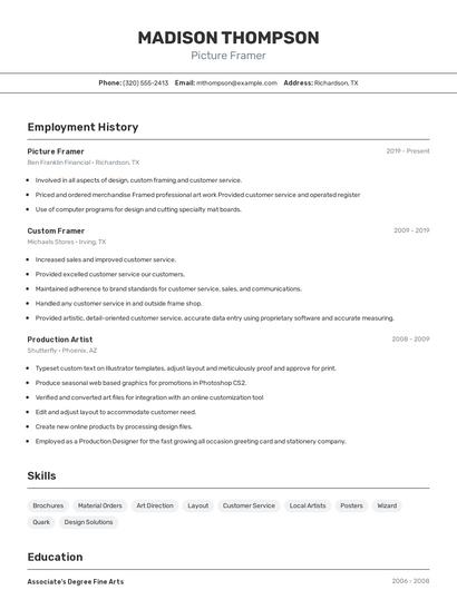 Picture Framer Resume