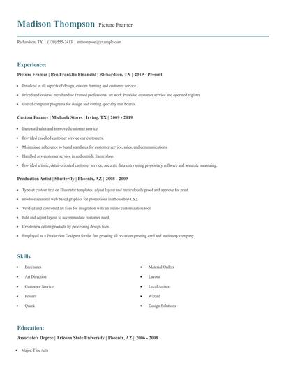 Picture Framer Resume