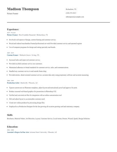 Picture Framer Resume