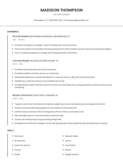 Picture Framer Resume