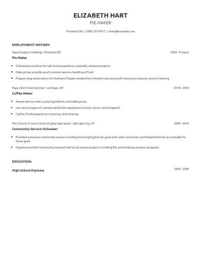 Pie Maker Resume