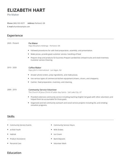 Pie Maker Resume