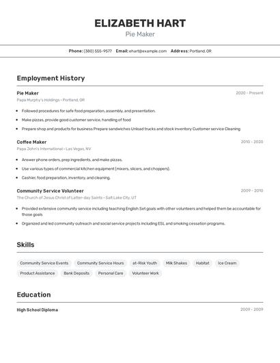 Pie Maker Resume
