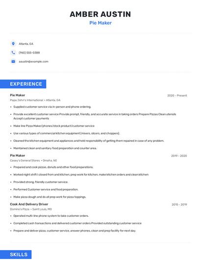 Pie Maker Resume