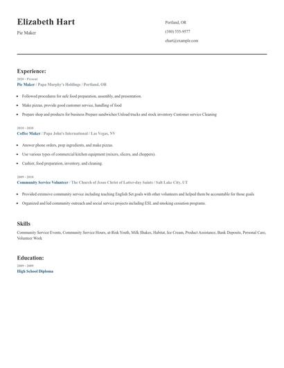 Pie Maker Resume