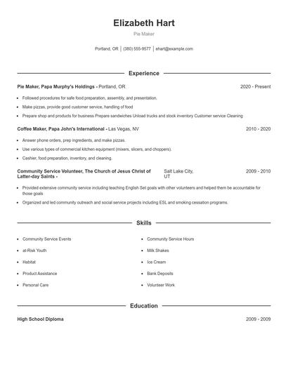Pie Maker Resume