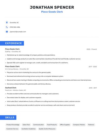 Piece Goods Clerk Resume