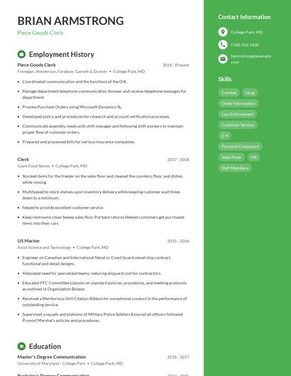 Piece Goods Clerk Resume