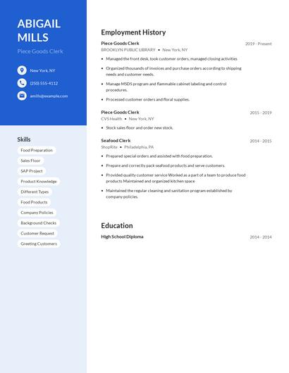 Piece Goods Clerk Resume