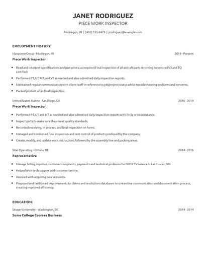 Piece Work Inspector Resume