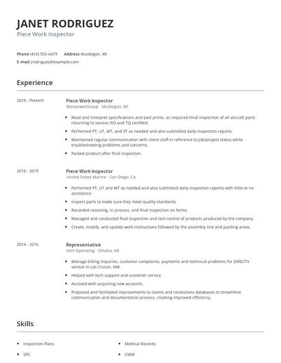 Piece Work Inspector Resume
