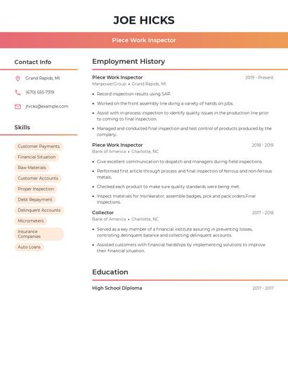 Piece Work Inspector Resume