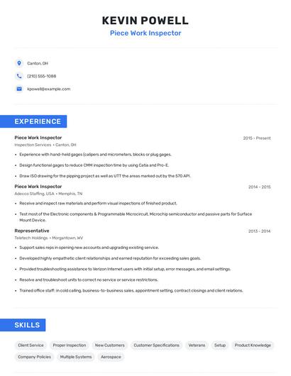 Piece Work Inspector Resume