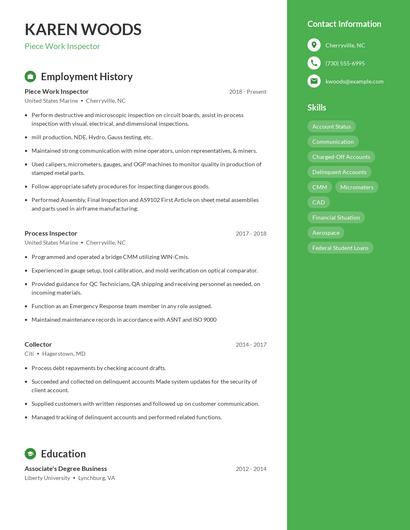 Piece Work Inspector Resume