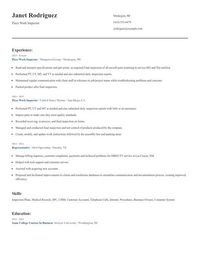 Piece Work Inspector Resume