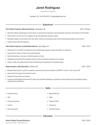 Piece Work Inspector Resume