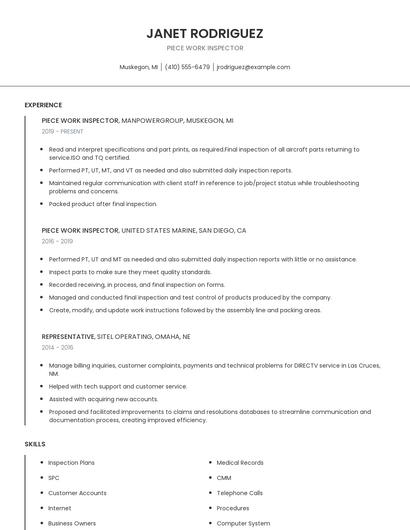 Piece Work Inspector Resume