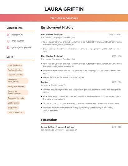 Pier Master Assistant Resume