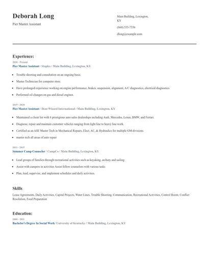 Pier Master Assistant Resume