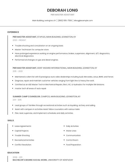 Pier Master Assistant Resume