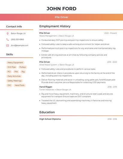 Pile Driver Resume