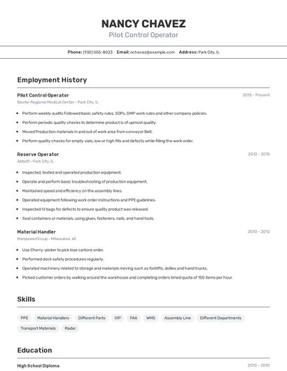 Pilot Control Operator Resume