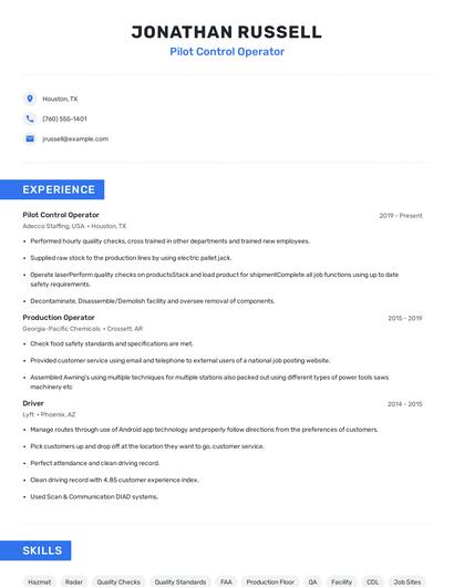 Pilot Control Operator Resume