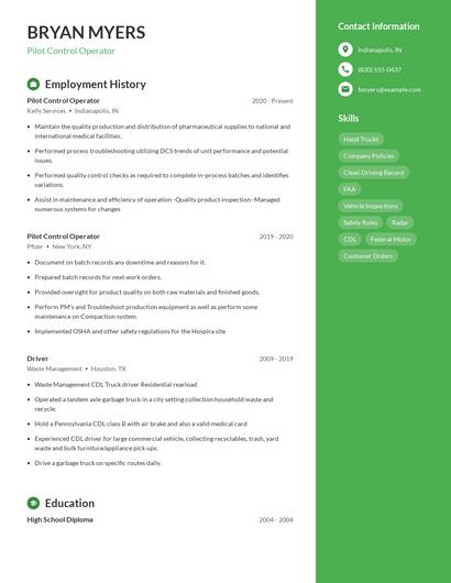 Pilot Control Operator Resume