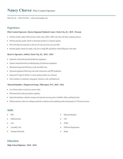 Pilot Control Operator Resume