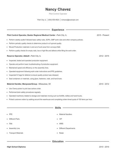 Pilot Control Operator Resume