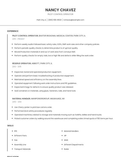 Pilot Control Operator Resume
