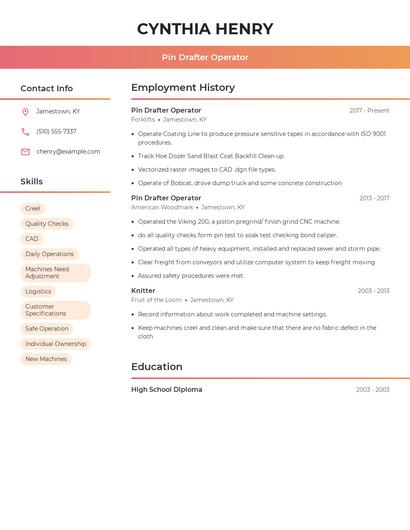 Pin Drafter Operator Resume