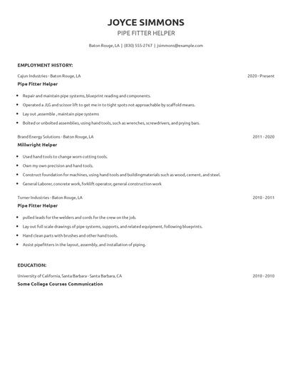 Pipe Fitter Helper Resume