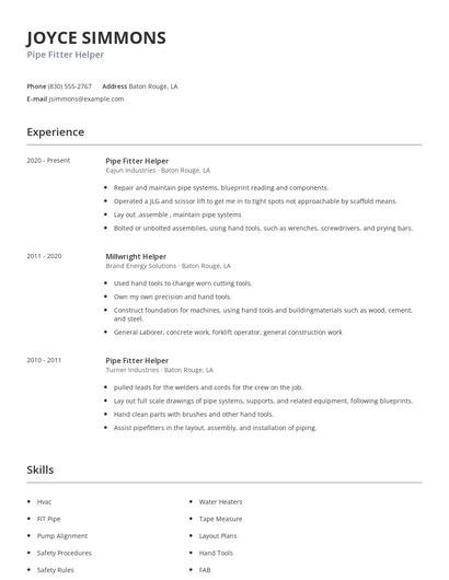 Pipe Fitter Helper Resume